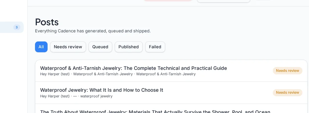 Cadence article queue showing generated articles
