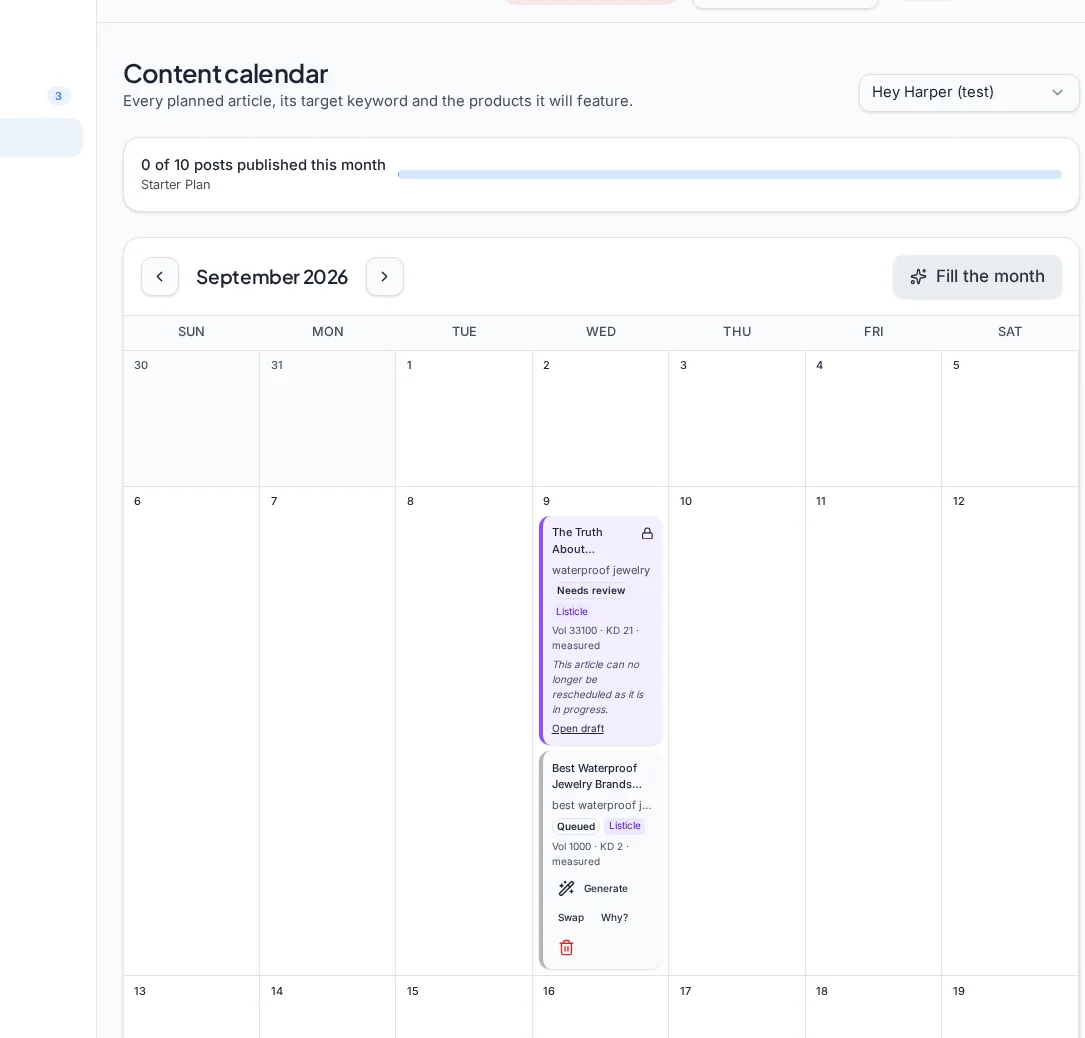 Cadence content calendar with scheduled articles